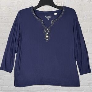 Chico's St. Laurent Long Sleeve Top Size 3 Navy Blue Sequins V-Neck Stretch NWT